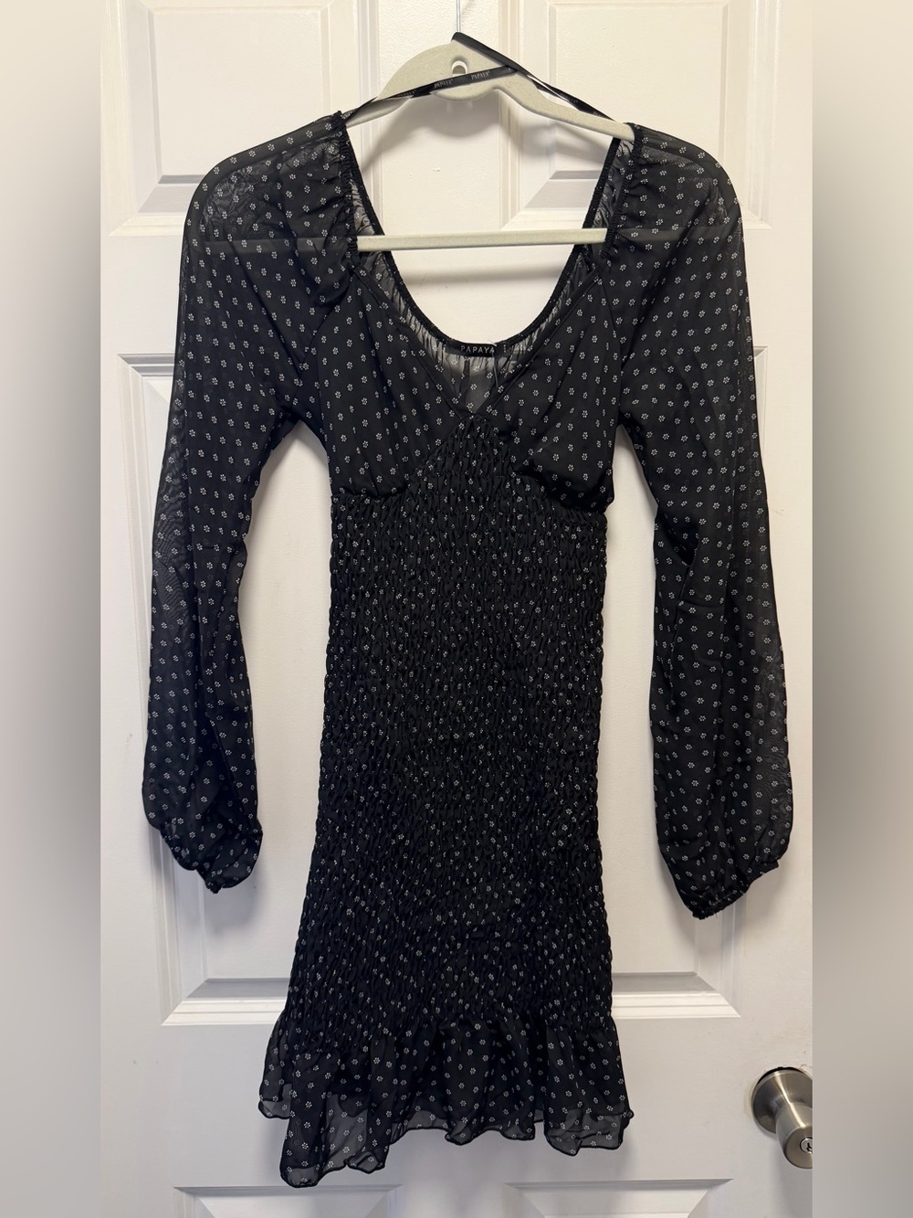 Papaya Black Sheer-Sleeve Smocked Midi Tunic Dress